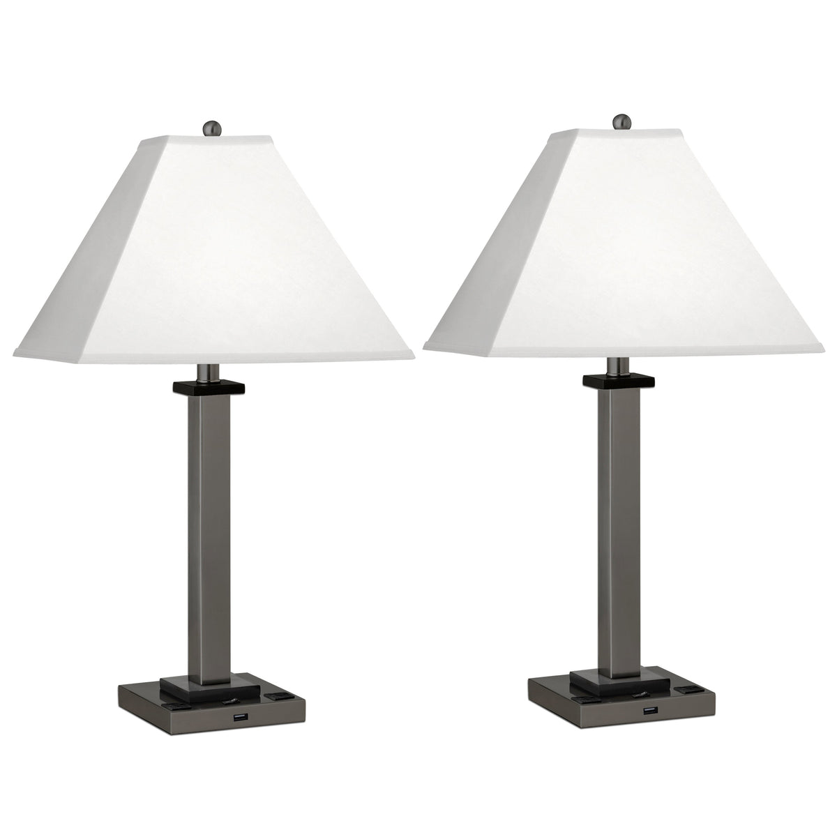 Medallion Lighting Gunmetal Square Post 28" Gunmetal Black Accents Steel and Wood Single Nightstand Table Lamp With 3-prong Outlets, USB Port and White Fabric Square Shade - Set of 2