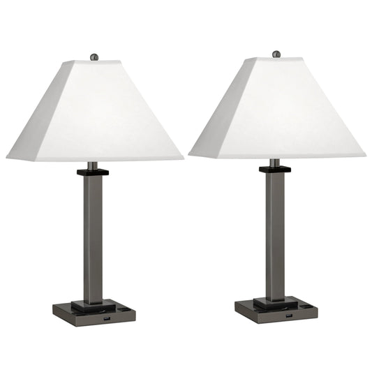 Medallion Lighting Gunmetal Square Post 28" Gunmetal Black Accents Steel and Wood Single Nightstand Table Lamp With 3-prong Outlets, USB Port and White Fabric Square Shade - Set of 2