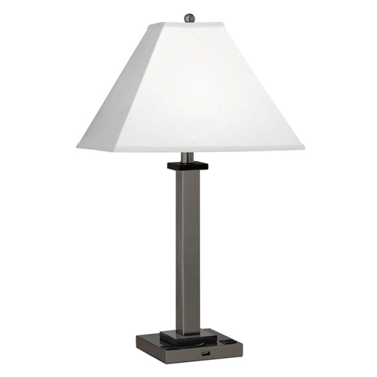 Medallion Lighting Gunmetal Square Post 28" Gunmetal Black Accents Steel and Wood Single Nightstand Table Lamp With 3-prong Outlets, USB Port and White Fabric Square Shade