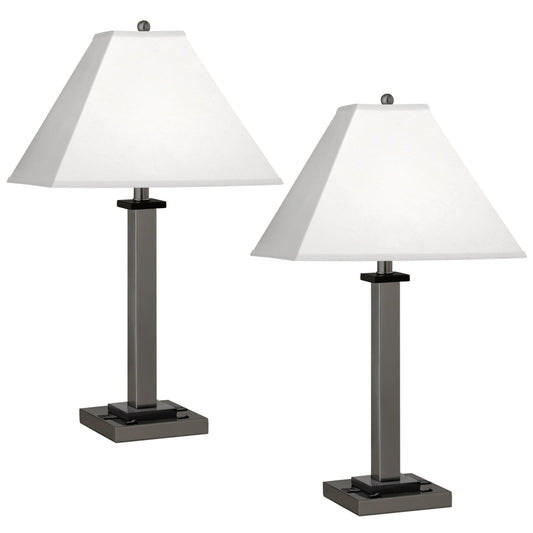 Medallion Lighting Gunmetal Square Post 28" Gunmetal Black Accents Steel and Wood Twin-light Double Nightstand Table Lamp With 3-prong Outlets and White Fabric Square Shade - Set of 2