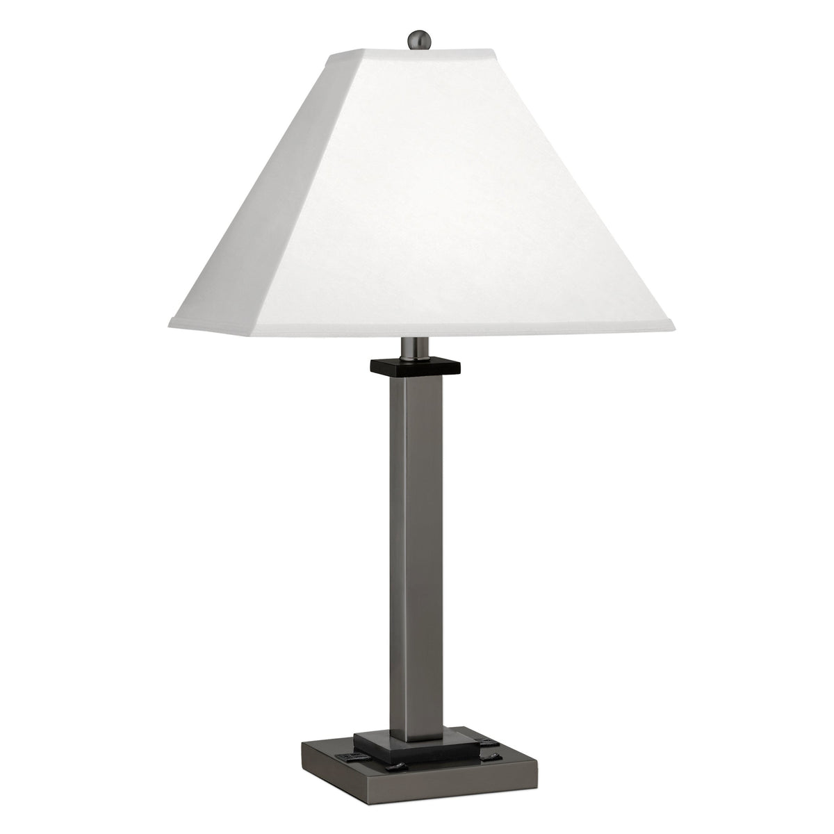 Medallion Lighting Gunmetal Square Post 28" Gunmetal Black Accents Steel and Wood Twin-light Double Nightstand Table Lamp With 3-prong Outlets and White Fabric Square Shade