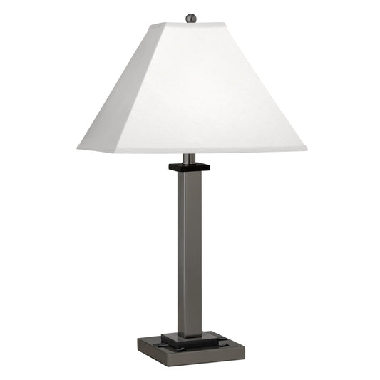 Medallion Lighting Gunmetal Square Post 28" Gunmetal Black Accents Steel and Wood Twin-light Double Nightstand Table Lamp With 3-prong Outlets and White Fabric Square Shade