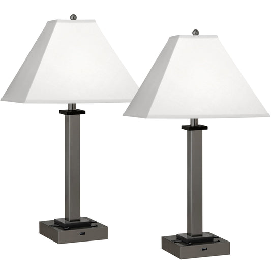 Medallion Lighting Gunmetal Square Post 28" Gunmetal/Black Accents Steel/Wood Twin-light Double Nightstand Table Lamp With USB Port, 3-Prong Outlets and White Fabric Square Shade - Set of 2