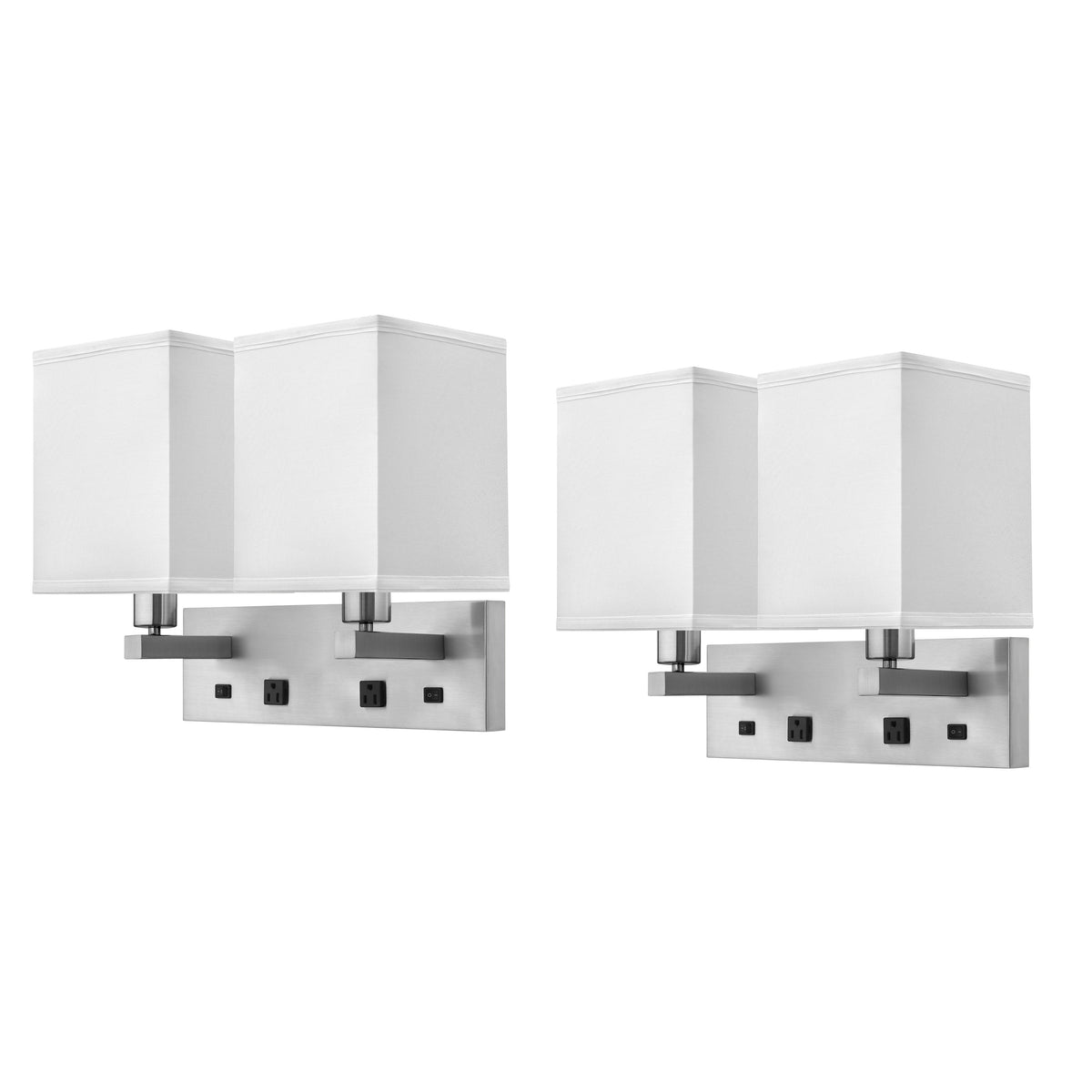 Medallion Lighting Innovate 16" Brushed Steel Double Wall Lamp With 3-Prong Outlets and White Fabric Square Shades - Set of 2