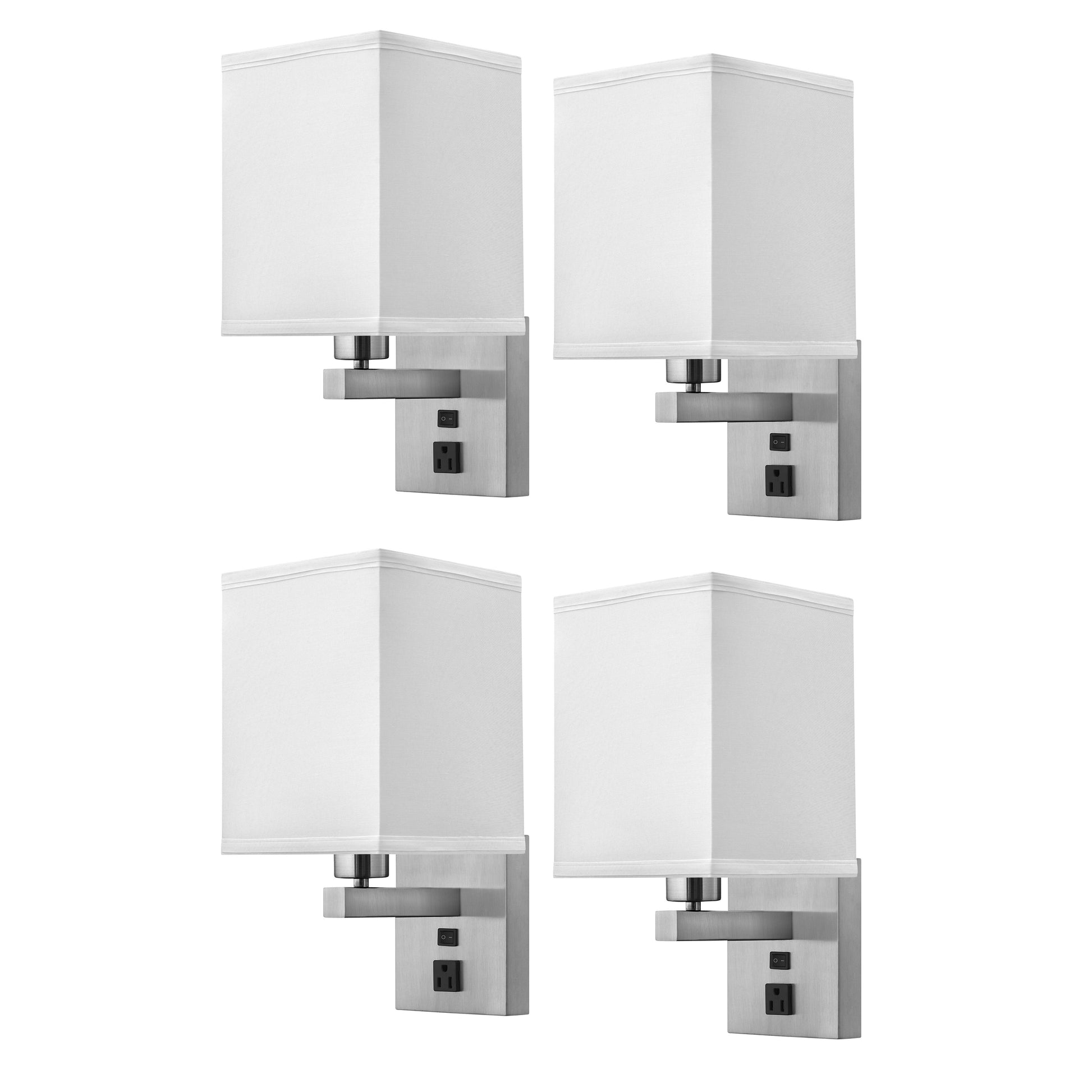Medallion Lighting Innovate 16" Brushed Steel Single Wall Lamp With 3-Prong Outlet and White Fabric Square Shade - Set of 4