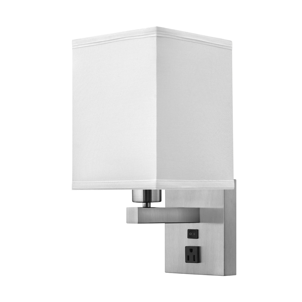 Medallion Lighting Innovate 16" Brushed Steel Single Wall Lamp With 3-Prong Outlet and White Fabric Square Shade