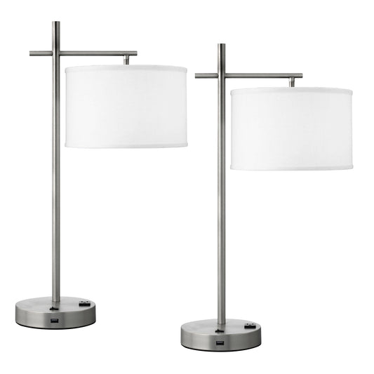 Medallion Lighting Innovate 26" Brushed Steel Single Nightstand Lamp With USB Port, 3-Prong Outlets and White Fabric Drum Shade - Set of 2