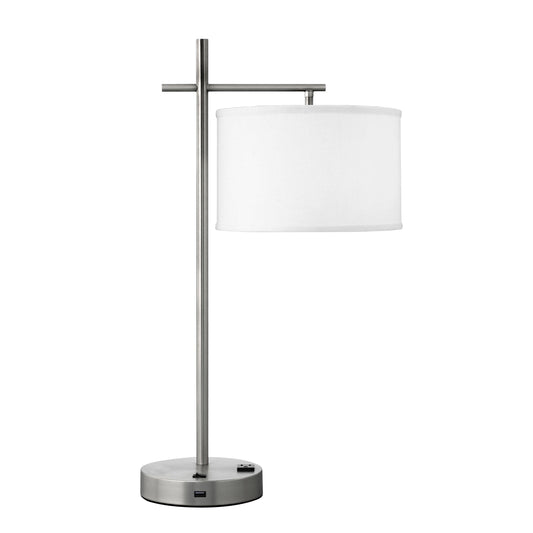Medallion Lighting Innovate 26" Brushed Steel Single Nightstand Lamp With USB Port, 3-Prong Outlets and White Fabric Drum Shade