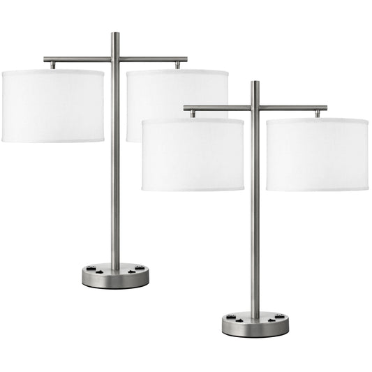 Medallion Lighting Innovate 26" Brushed Steel Twin-light Double Nightstand Lamp With 3-Prong Outlets and White Fabric Drum Shades - Set of 2