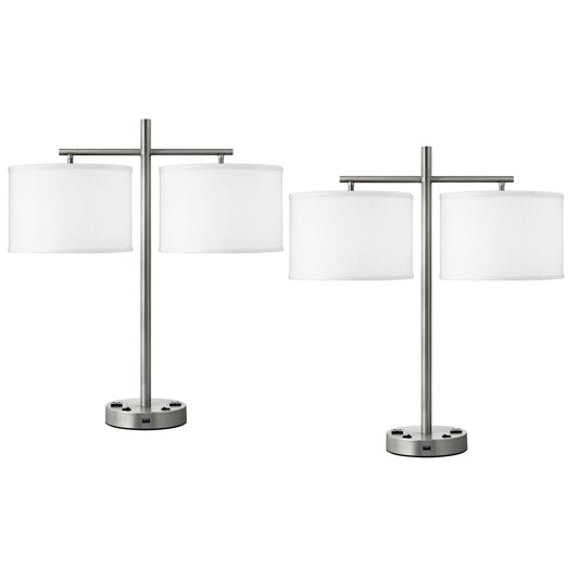 Medallion Lighting Innovate 26" Brushed Steel Twin-light Double Nightstand Lamp With USB Port, 3-Prong Outlets and White Fabric Drum Shades - Set of 2
