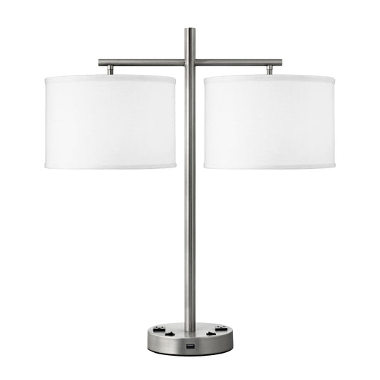 Medallion Lighting Innovate 26" Brushed Steel Twin-light Double Nightstand Lamp With USB Port, 3-Prong Outlets and White Fabric Drum Shades