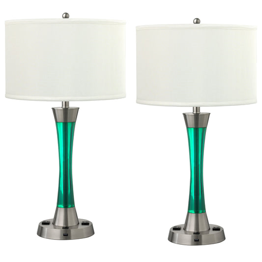 Medallion Lighting Innovate 29" Brushed Steel/Blue Resin Desk Lamp With USB Port, 3-Prong Outlets and White Fabric Drum Shades - Set of 2