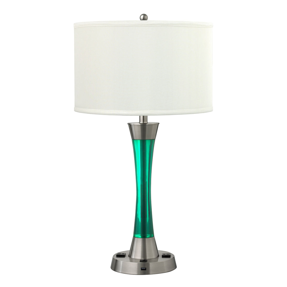 Medallion Lighting Innovate 29" Brushed Steel/Blue Resin Desk Lamp With USB Port, 3-Prong Outlets and White Fabric Drum Shades