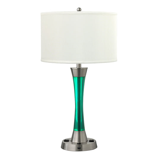 Medallion Lighting Innovate 29" Brushed Steel/Blue Resin Desk Lamp With USB Port, 3-Prong Outlets and White Fabric Drum Shades