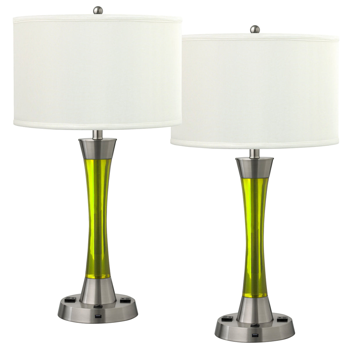 Medallion Lighting Innovate 29" Brushed Steel/Lime Green Resin Desk Lamp With USB Port, 3-Prong Outlets and White Fabric Drum Shades - Set of 2