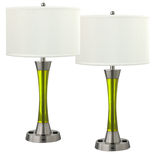 Medallion Lighting Innovate 29" Brushed Steel/Lime Green Resin Desk Lamp With USB Port, 3-Prong Outlets and White Fabric Drum Shades - Set of 2
