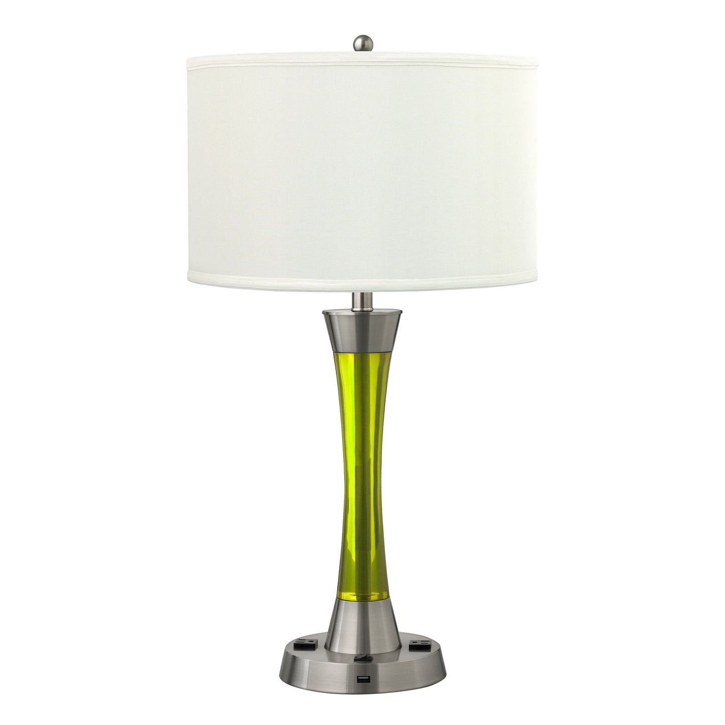Medallion Lighting Innovate 29" Brushed Steel/Lime Green Resin Desk Lamp With USB Port, 3-Prong Outlets and White Fabric Drum Shades