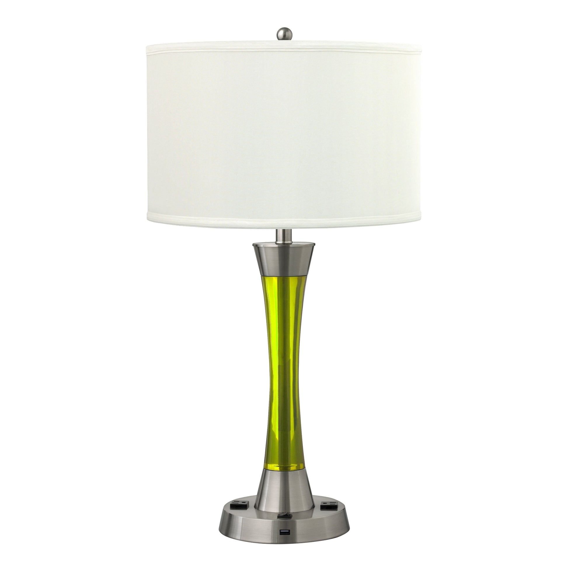 Medallion Lighting Innovate 29" Brushed Steel/Lime Green Resin Desk Lamp With USB Port, 3-Prong Outlets and White Fabric Drum Shades