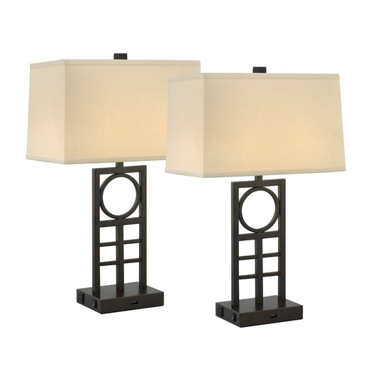 Medallion Lighting Laccio 26" Hammertone Bronze Steel Desk Lamp With USB Port, 3-Prong Outlets and Beige Linen Rectangular Shade - Set of 2