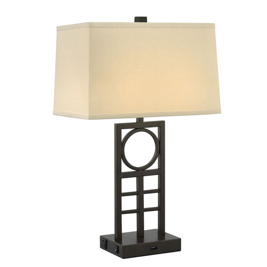 Medallion Lighting Laccio 26" Hammertone Bronze Steel Desk Lamp With USB Port, 3-Prong Outlets and Beige Linen Rectangular Shade
