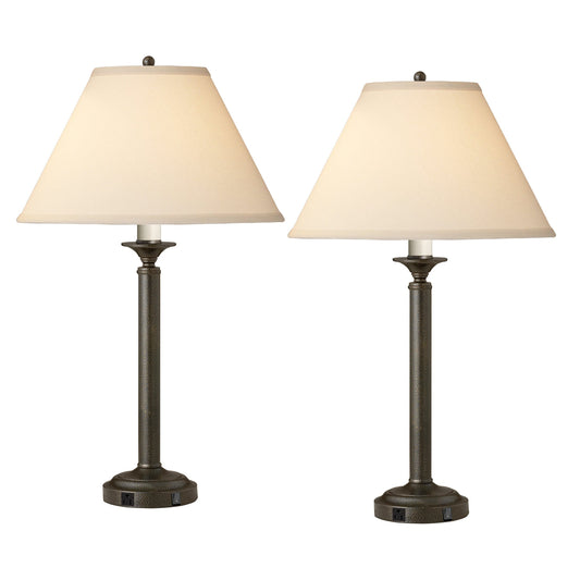 Medallion Lighting Martello 30" Hammertone Bronze Steel Single Nightstand Lamp With 3-Prong Outlets and Light Beige Fabric Bell Shade - Set of 2