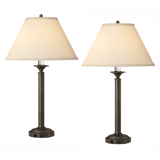 Medallion Lighting Martello 30" Hammertone Bronze Steel Single Nightstand Lamp With USB Port, 3-Prong Outlets and Light Beige Fabric Bell Shade - Set of 2