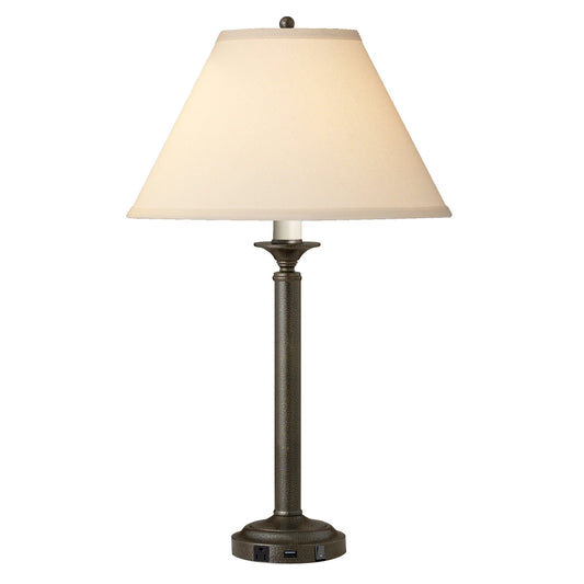 Medallion Lighting Martello 30" Hammertone Bronze Steel Single Nightstand Lamp With USB Port, 3-Prong Outlets and Light Beige Fabric Bell Shade