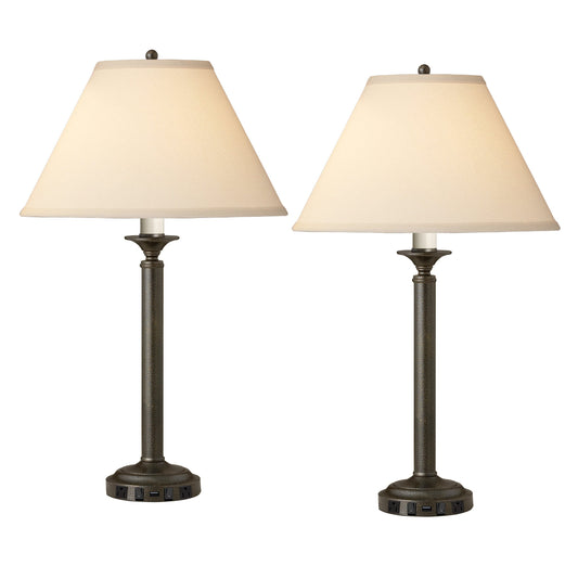 Medallion Lighting Martello 30" Hammertone Bronze Steel Twin-light Double Nightstand Lamp With USB Port, 3-Prong Outlets and Beige Fabric Bell Shade - Set of 2