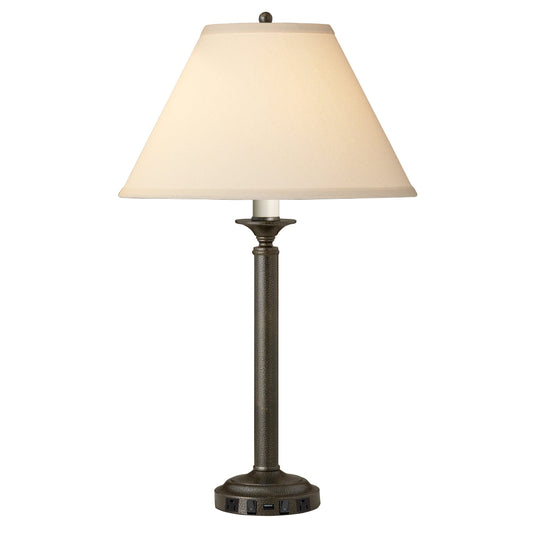 Medallion Lighting Martello 30" Hammertone Bronze Steel Twin-light Double Nightstand Lamp With USB Port, 3-Prong Outlets and Beige Fabric Bell Shade