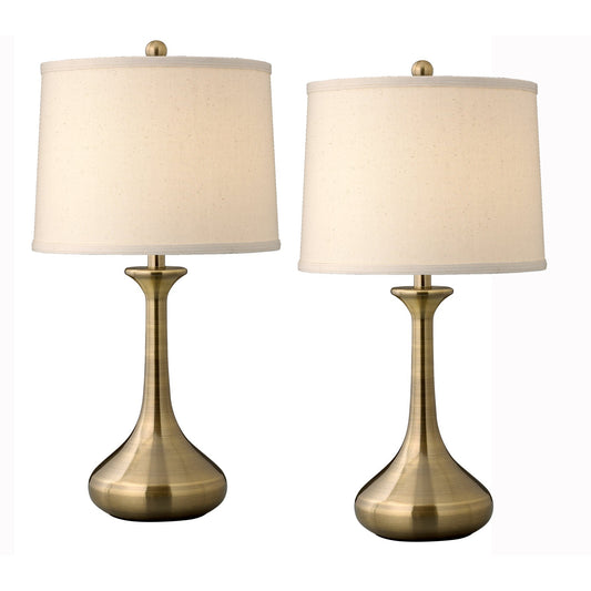 Medallion Lighting Metallic Drop 26" Satin Antique Brass Steel Table Lamp With Light Beige Lenore Fabric Drum Shade - Set of 2