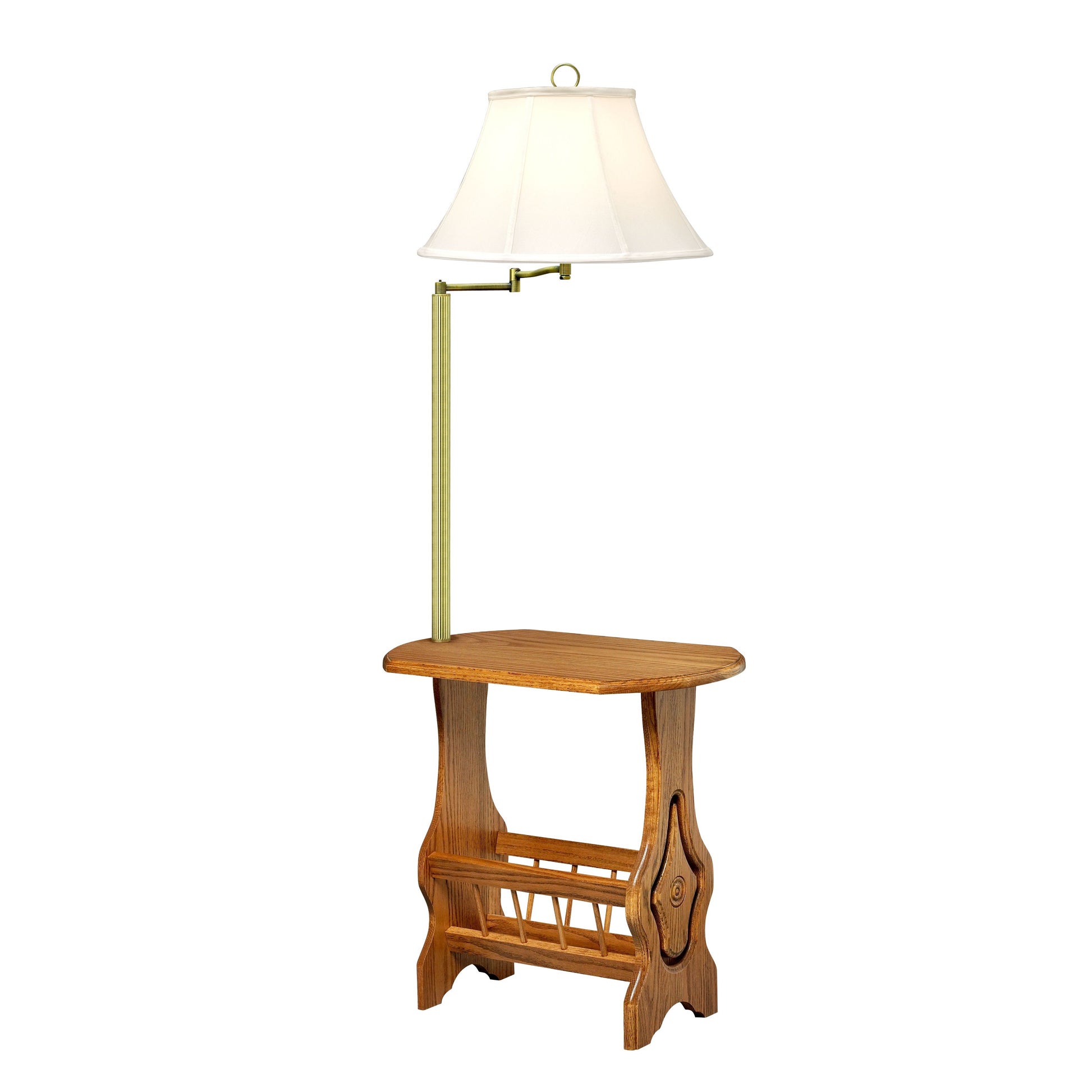 Medallion Lighting Millersburg 59" Lt. Oak/Satin Antique Brass Task Reading Solid Oak and Steel Furniture Floor Lamp With Eggshell Streched Silk Bell Shade