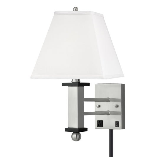 Medallion Lighting Moxie 18" Brushed Steel/Black Ebony Single Wall Lamp With 3-Prong Outlets and White Fabric Square Shade