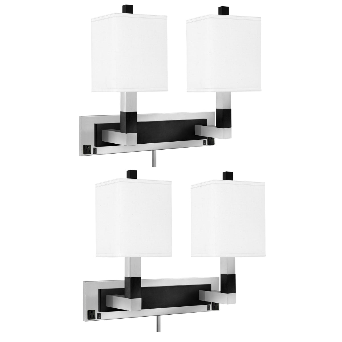 Medallion Lighting Moxie 19" Brushed Steel/Black Ebony Double Wall Lamp With 3-Prong Outlets and White Fabric Square Shade - Set of 2