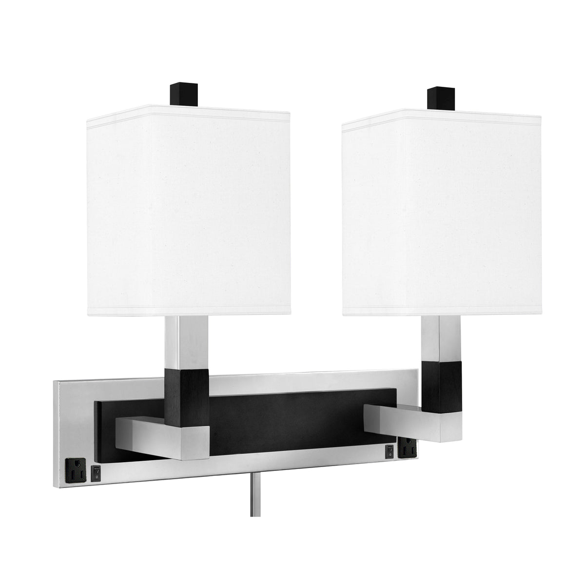 Medallion Lighting Moxie 19" Brushed Steel/Black Ebony Double Wall Lamp With 3-Prong Outlets and White Fabric Square Shade