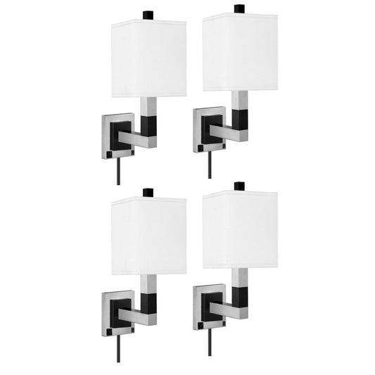 Medallion Lighting Moxie 19" Brushed Steel/Black Wood Single Wall Lamp With 3-Prong Outlets and White Fabric Square Shade - Set of 4
