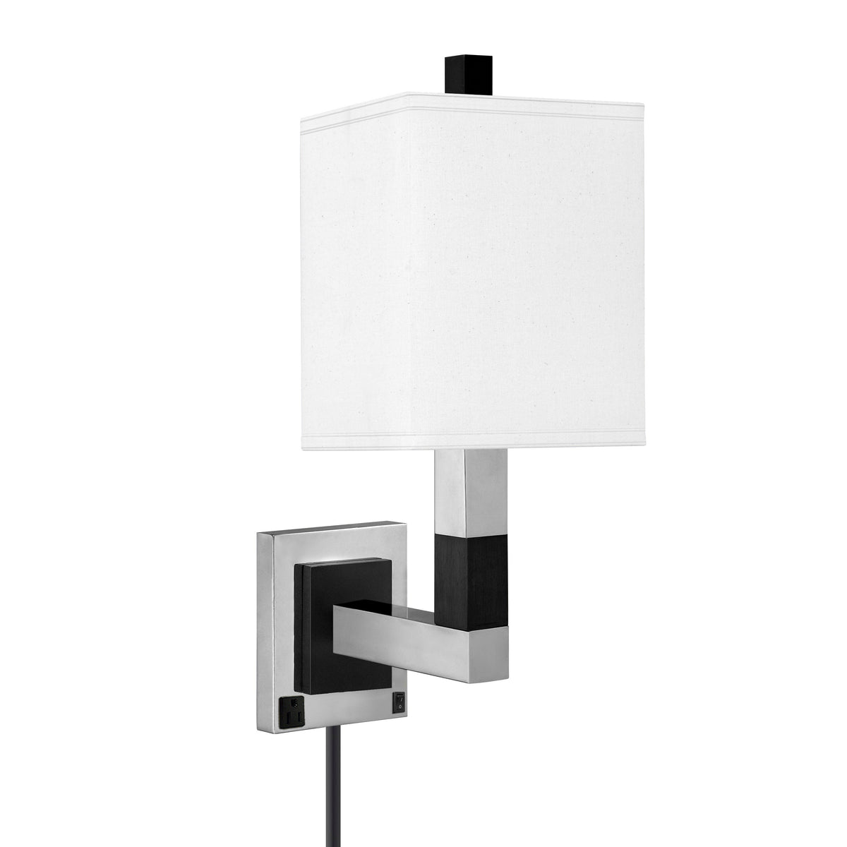 Medallion Lighting Moxie 19" Brushed Steel/Black Wood Single Wall Lamp With 3-Prong Outlets and White Fabric Square Shade