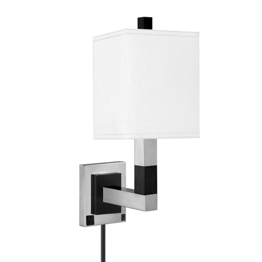 Medallion Lighting Moxie 19" Brushed Steel/Black Wood Single Wall Lamp With 3-Prong Outlets and White Fabric Square Shade