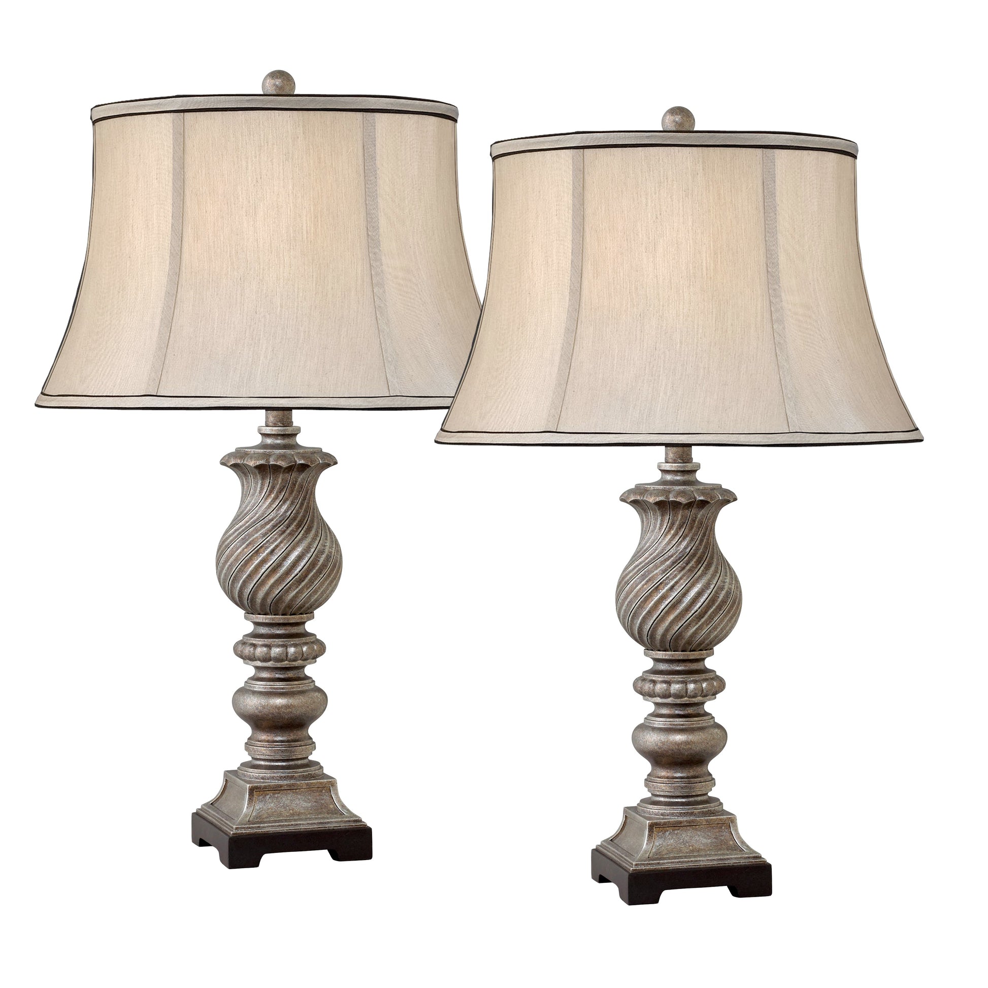 Medallion Lighting Mulinello 30" Aged Silver and Black Resin Table Lamp With Gray Silk Bell Shade - Set of 2