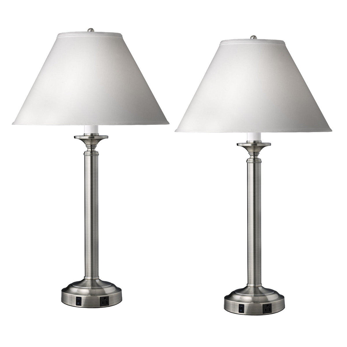 Medallion Lighting Optic Group 30" Brushed Steel Single Nightstand Lamp With 3-Prong Outlet and White Fabric Drum Shade - Set of 2