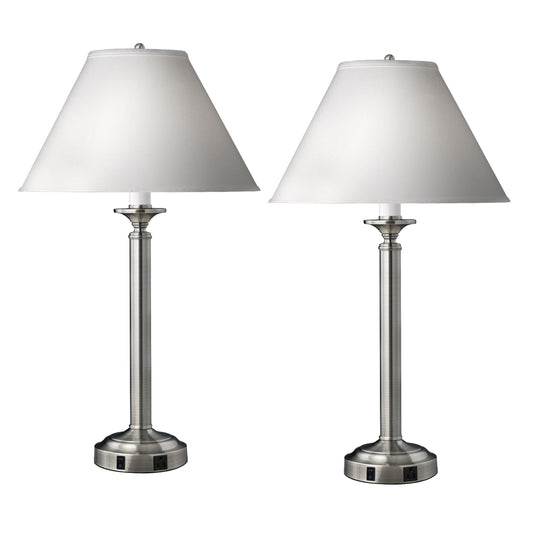 Medallion Lighting Optic Group 30" Brushed Steel Single Nightstand Lamp With 3-Prong Outlet and White Fabric Drum Shade - Set of 2
