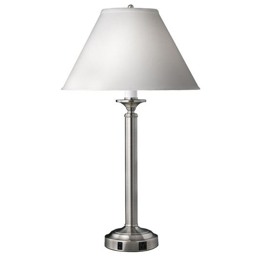 Medallion Lighting Optic Group 30" Brushed Steel Single Nightstand Lamp With 3-Prong Outlet and White Fabric Drum Shade