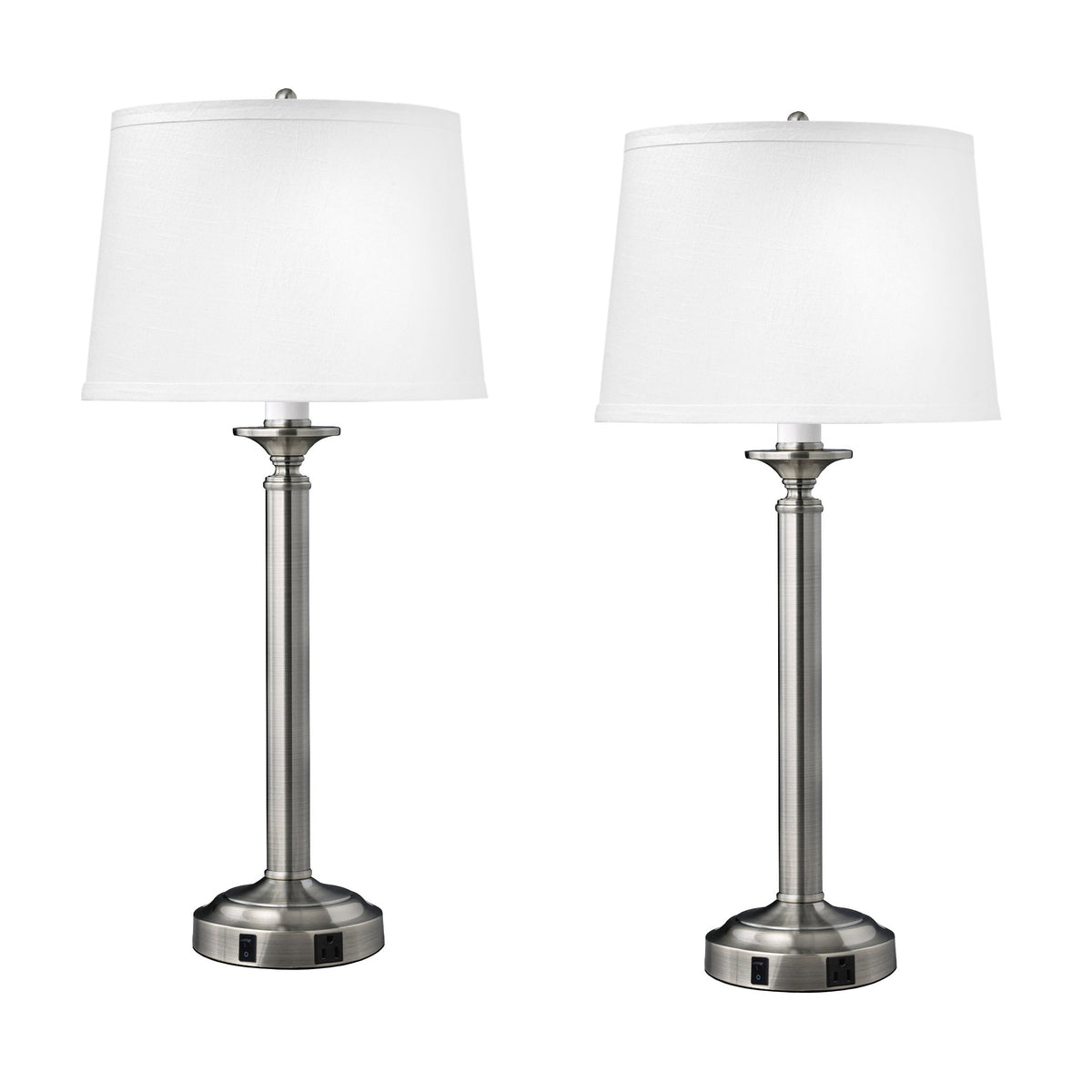 Medallion Lighting Optic Group 30" Brushed Steel Single Nightstand Lamp With 3-Prong Outlets and White Fabric Drum Shade - Set of 2