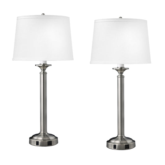 Medallion Lighting Optic Group 30" Brushed Steel Single Nightstand Lamp With 3-Prong Outlets and White Fabric Drum Shade - Set of 2