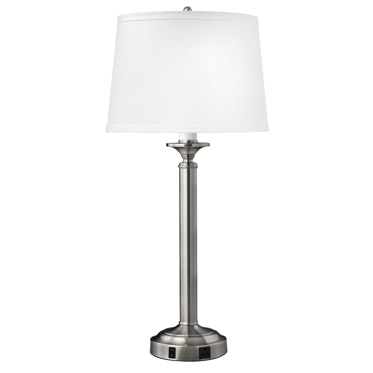 Medallion Lighting Optic Group 30" Brushed Steel Single Nightstand Lamp With 3-Prong Outlets and White Fabric Drum Shade