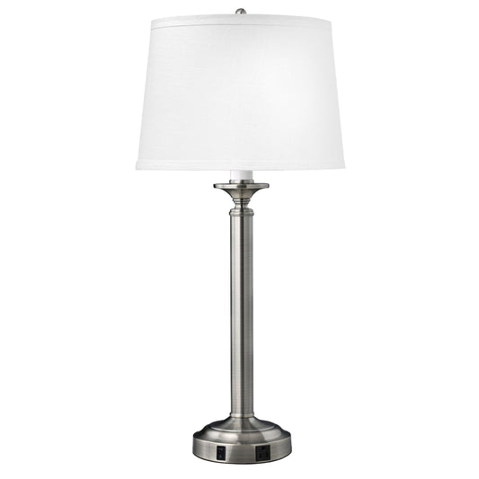Medallion Lighting Optic Group 30" Brushed Steel Single Nightstand Lamp With 3-Prong Outlets and White Fabric Drum Shade