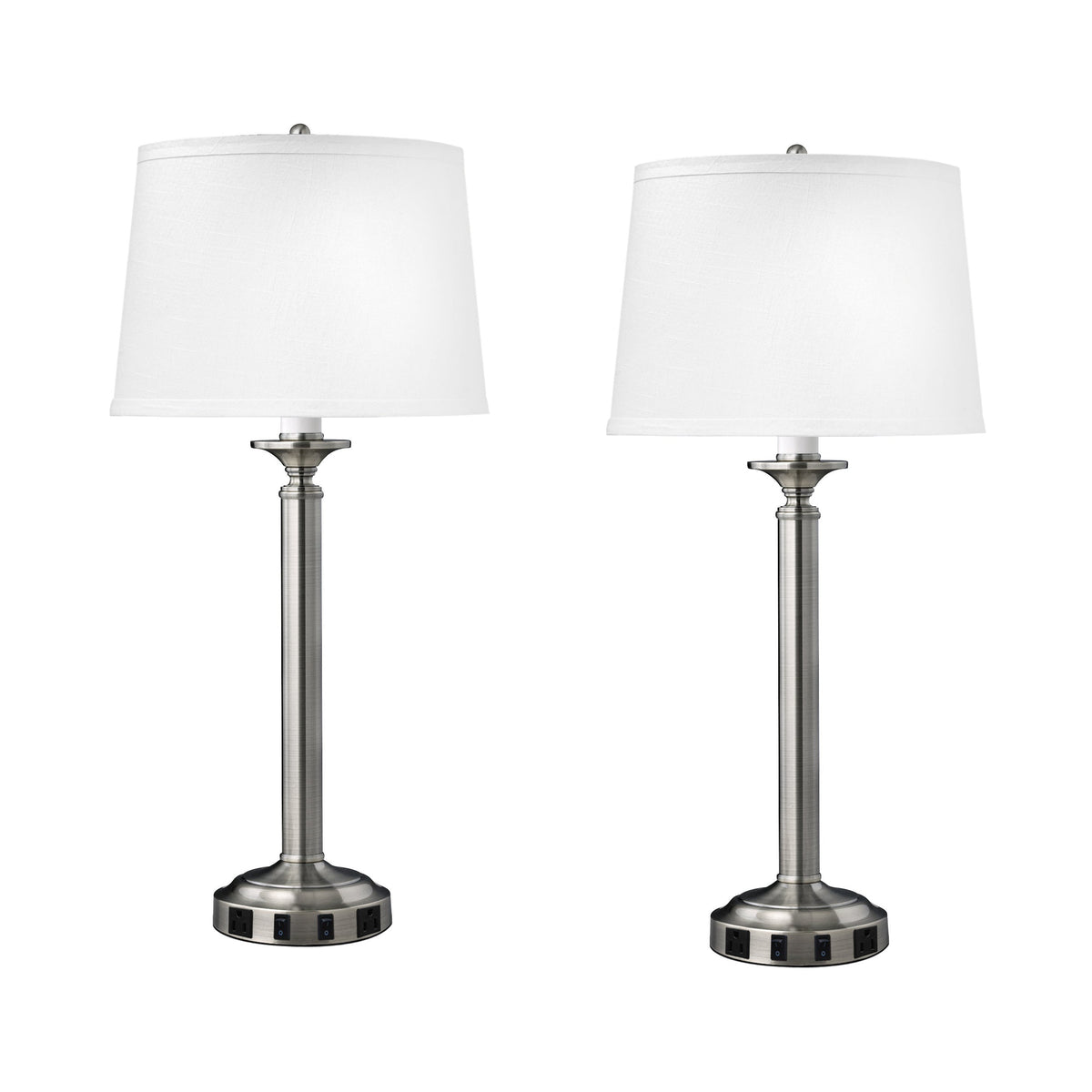 Medallion Lighting Optic Group 30" Brushed Steel Twin-light Double Nightstand Lamp With 3-Prong Outlets and White Fabric Drum Shade - Set of 2