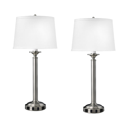 Medallion Lighting Optic Group 30" Brushed Steel Twin-light Double Nightstand Lamp With 3-Prong Outlets and White Fabric Drum Shade - Set of 2