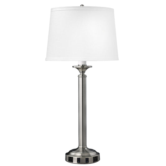 Medallion Lighting Optic Group 30" Brushed Steel Twin-light Double Nightstand Lamp With 3-Prong Outlets and White Fabric Drum Shade
