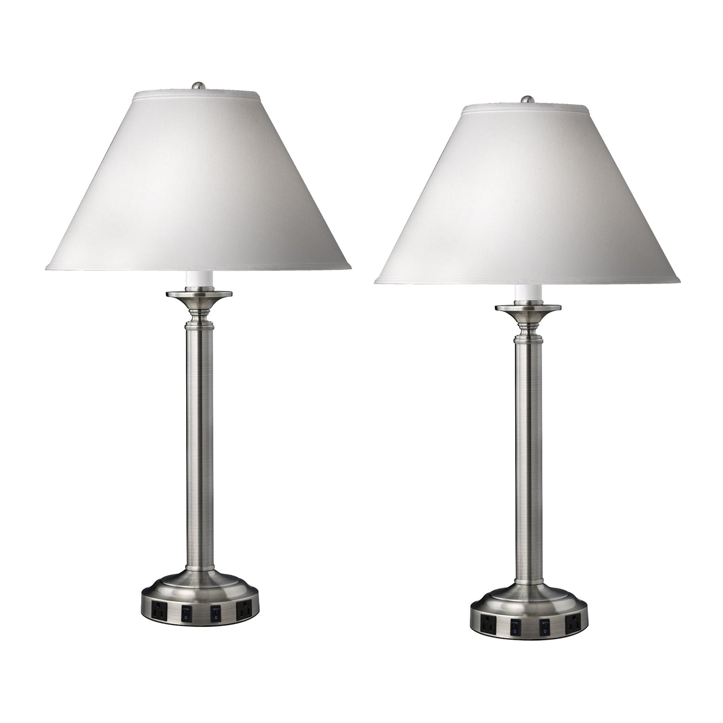 Medallion Lighting Optic Group 30" Brushed Steel Twin-light Double Nightstand Table Lamp With 3-Prong Outlet and White Fabric Drum Shade - Set of 2