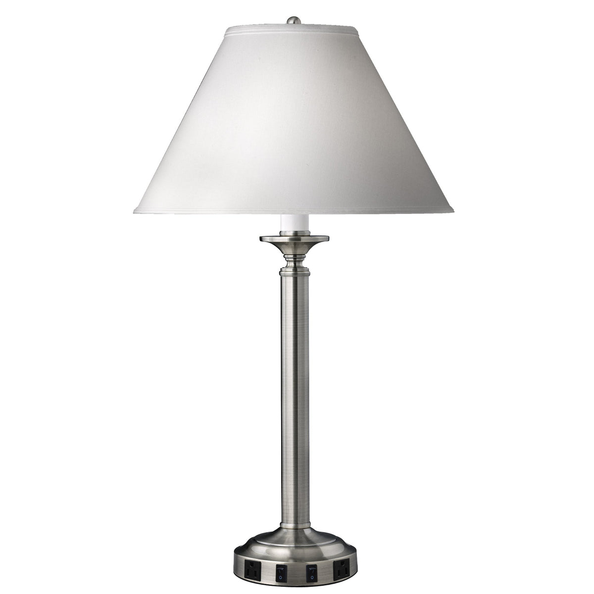 Medallion Lighting Optic Group 30" Brushed Steel Twin-light Double Nightstand Table Lamp With 3-Prong Outlet and White Fabric Drum Shade